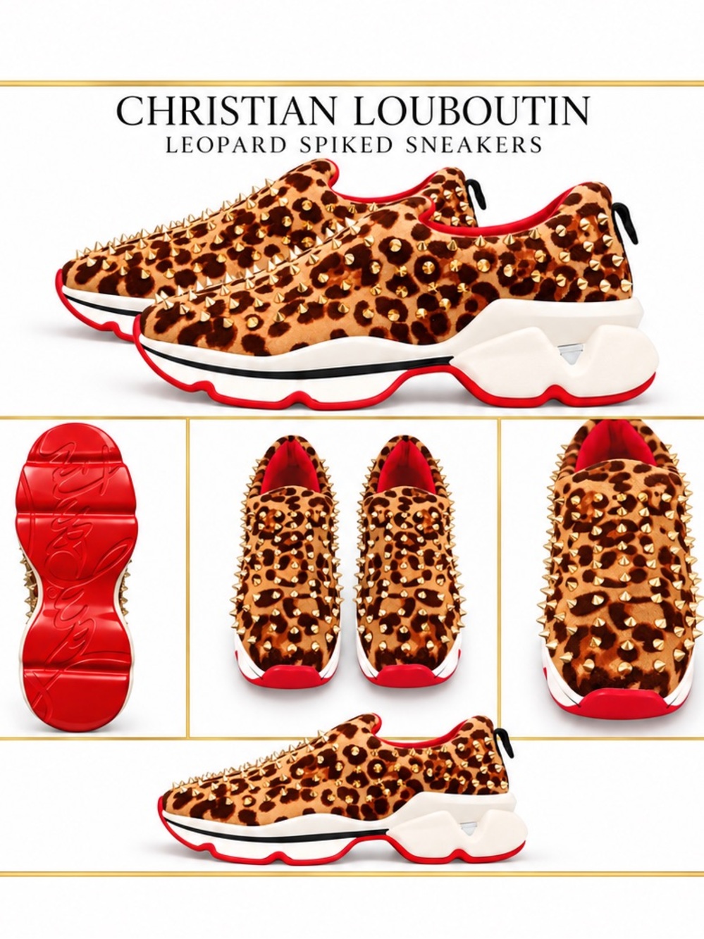 Christian Louboutin Leopard Print Sneakers Gold Spikes Red Signature Bottom Sole